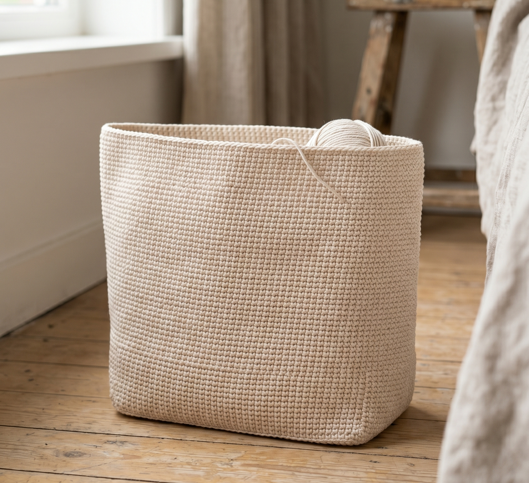 Taschenkörper einer Shopper Tasche vor dem Häkeln der Henkel